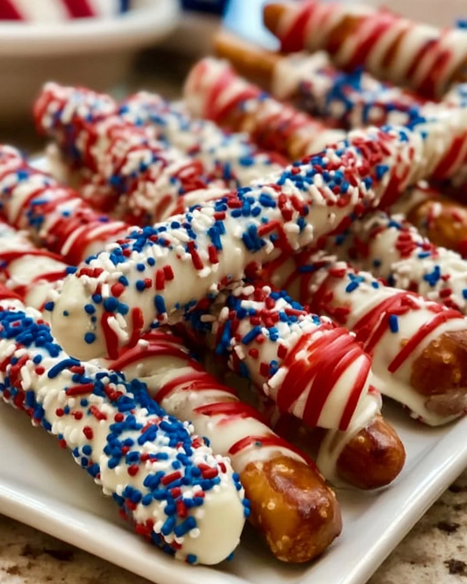 Patriotic Pretzel Rods decorated in red, white, and blue chocolate