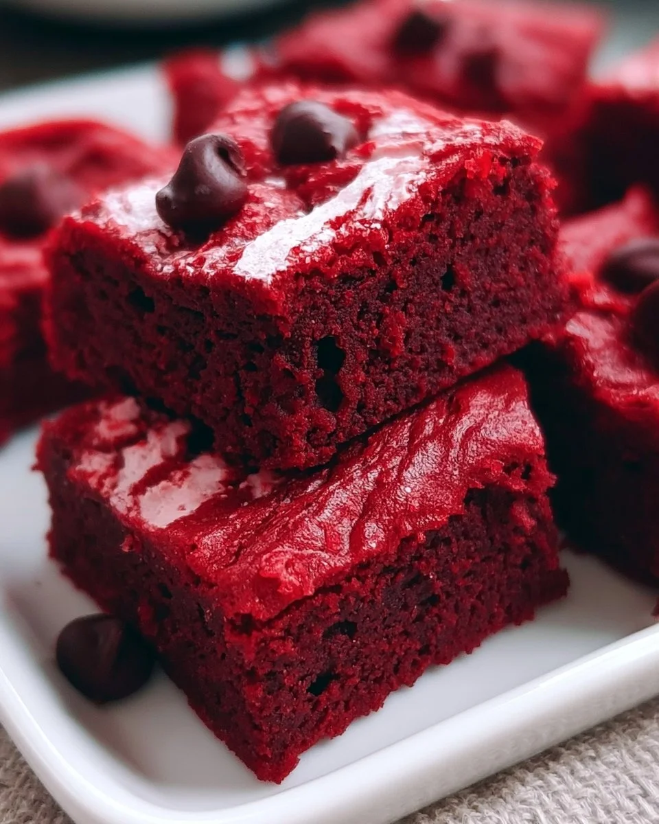 Decadent Red Velvet Brownies topped with cream cheese frosting