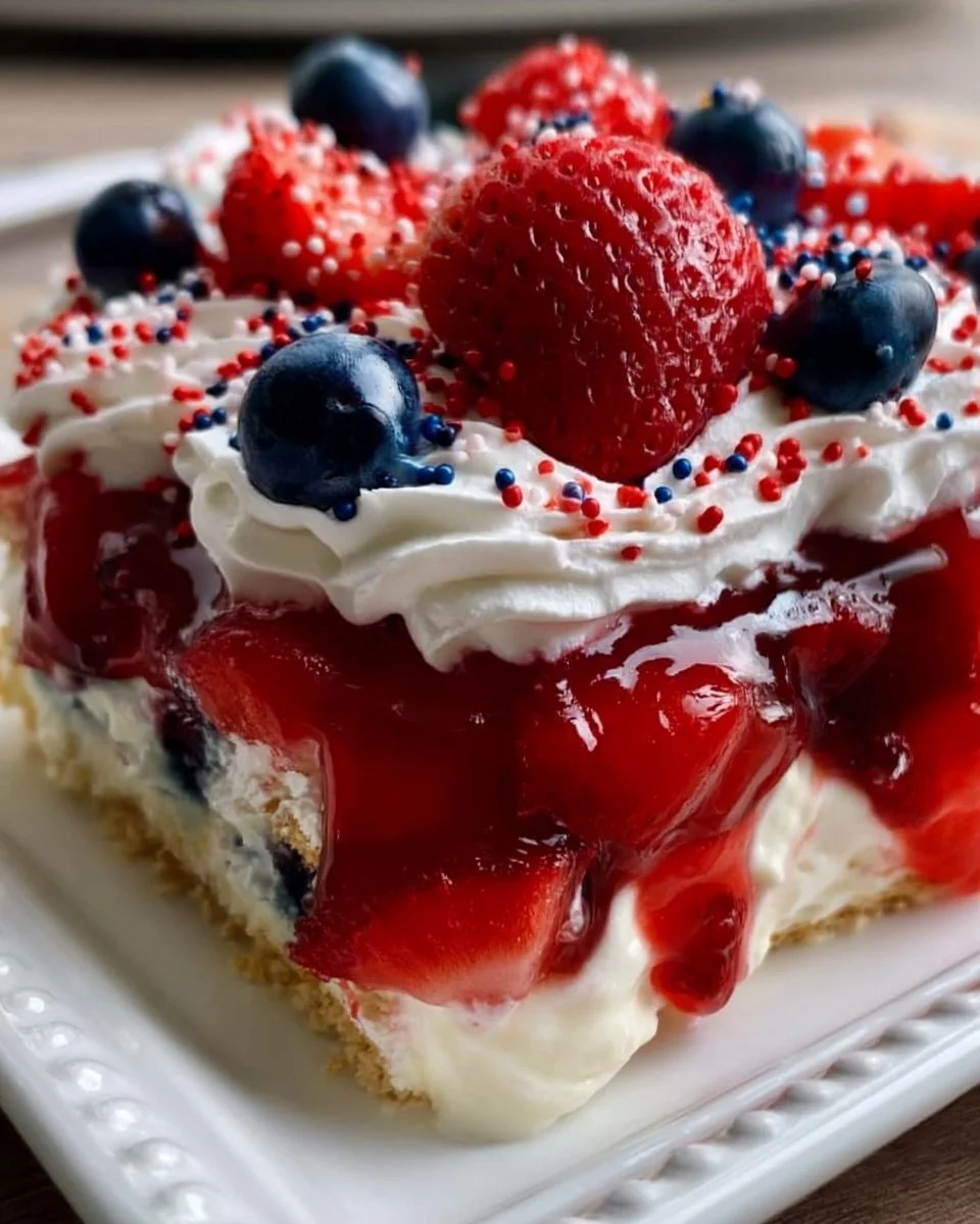 Red White and Blue Dessert Lasagna layered with berries and cream