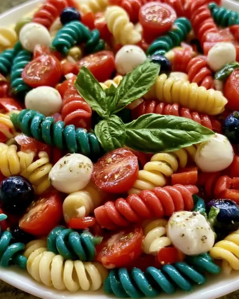 Colorful Red, White, and Blue Pasta Salad for festive celebrations