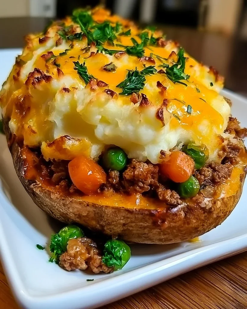Shepherd's Pie Baked Potato topped with savory meat and vegetables