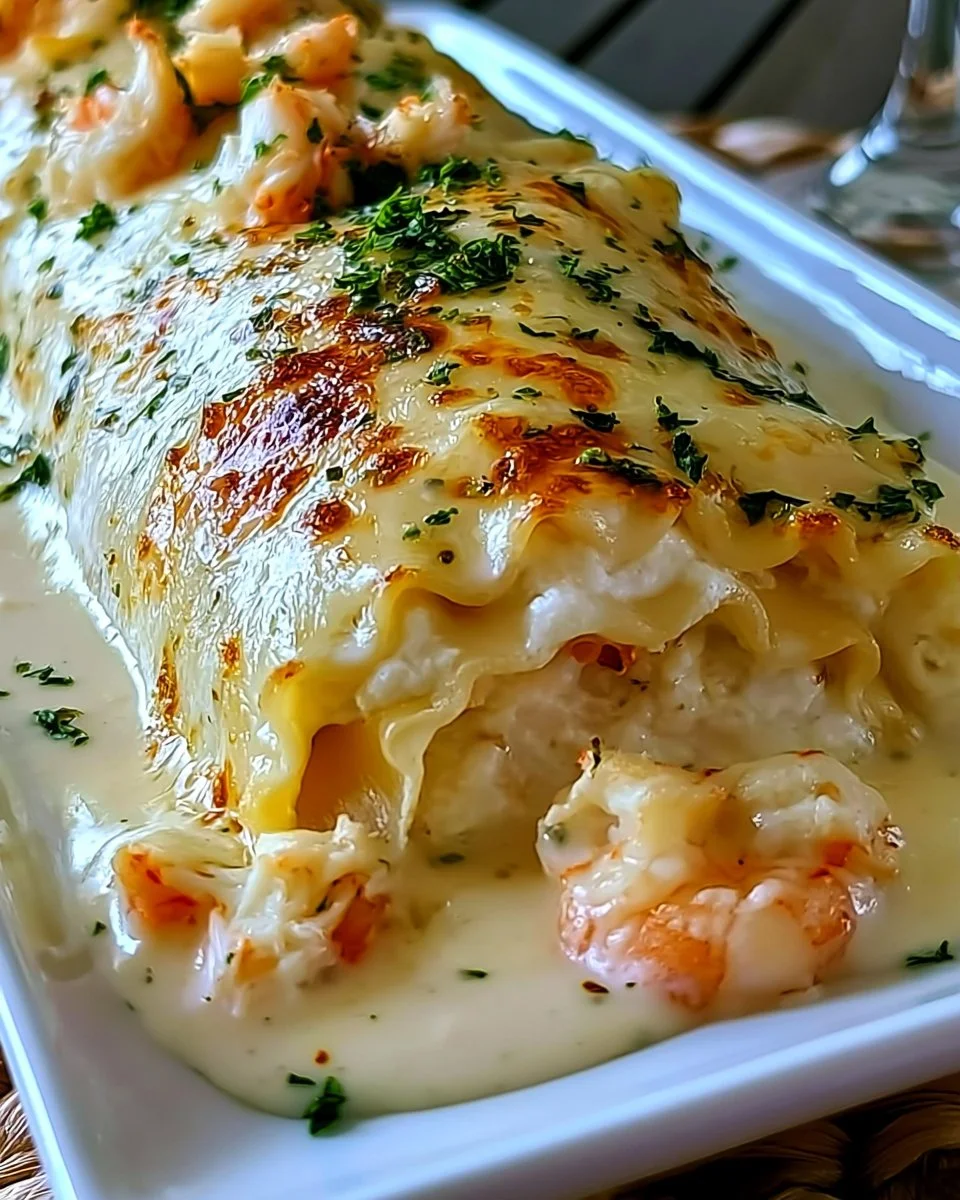 Shrimp and crab Alfredo lasagna roll-ups served with garnish