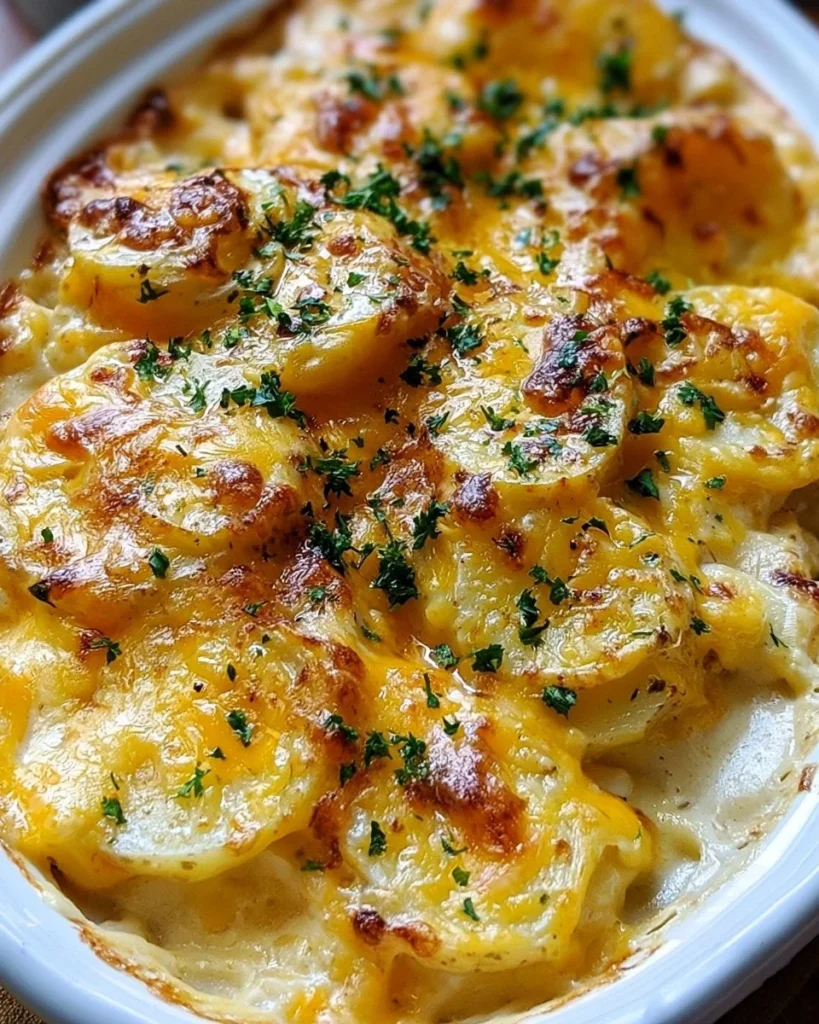 Slow Cooker 4-Ingredient Cheesy Scalloped Potatoes in a dish
