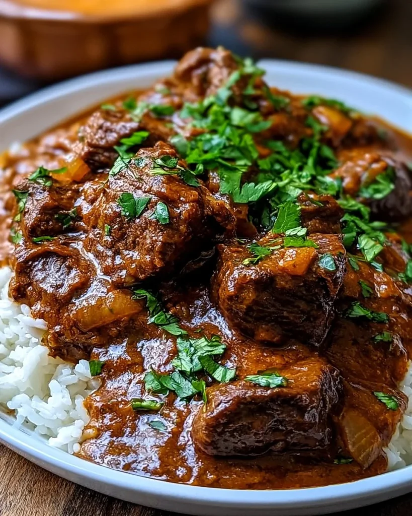 A delicious slow cooker Indian beef curry served in a bowl with rice and naan.