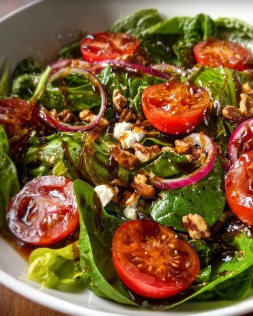 Spring mix salad topped with balsamic honey dressing