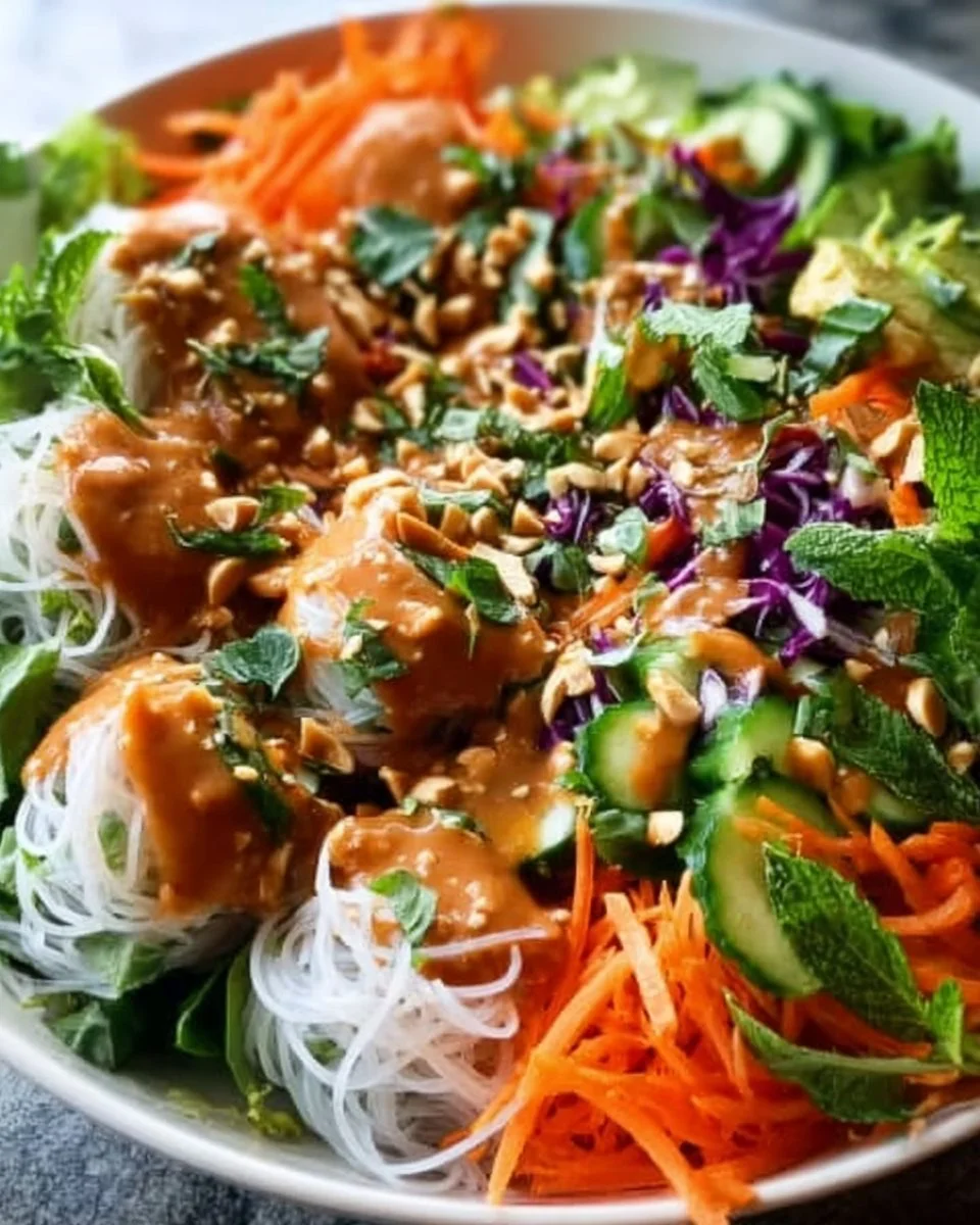 Fresh Spring Roll Salad topped with rich Peanut Dressing
