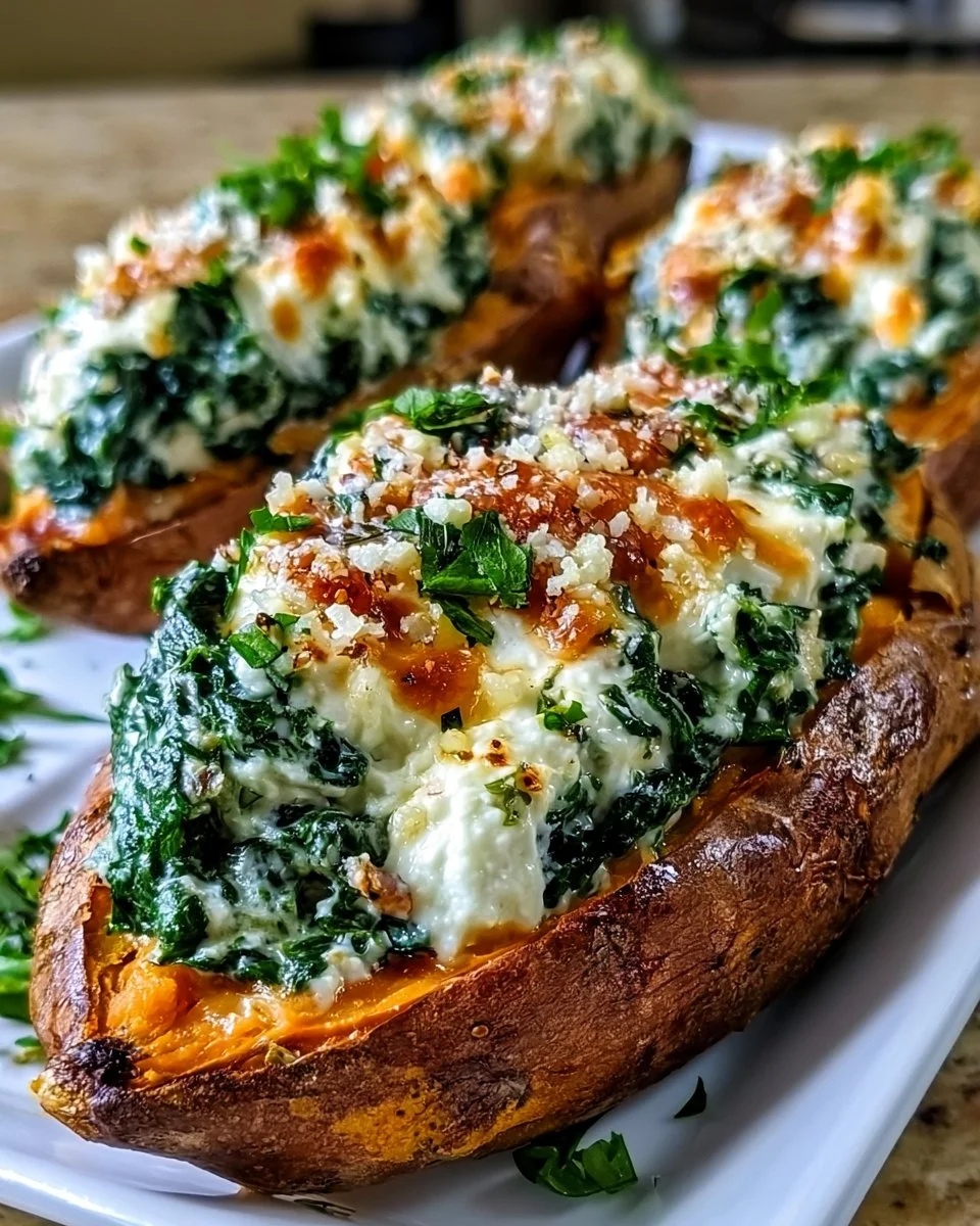 Sweet potato stuffed with spinach and ricotta served on a plate