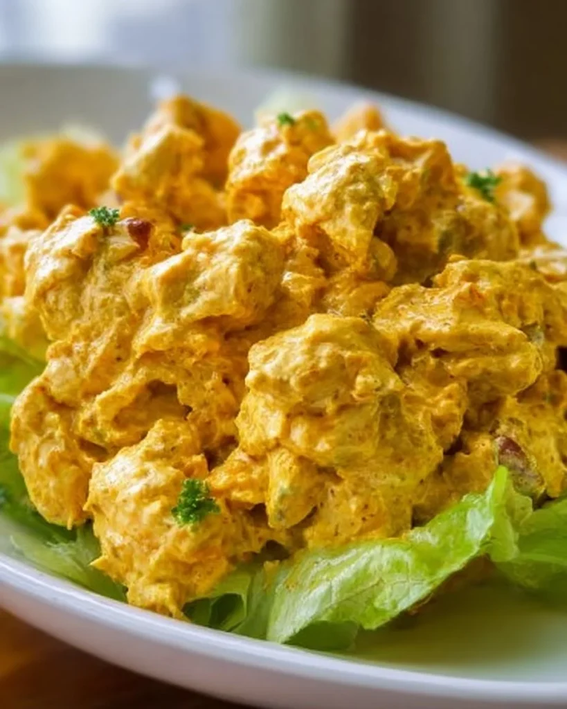 Bowl of ultimate 3-ingredient curry chicken salad with colorful ingredients.