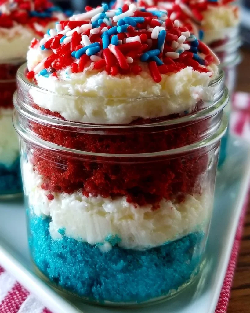 Delicious 4th of July cake in a jar with red, white, and blue layers