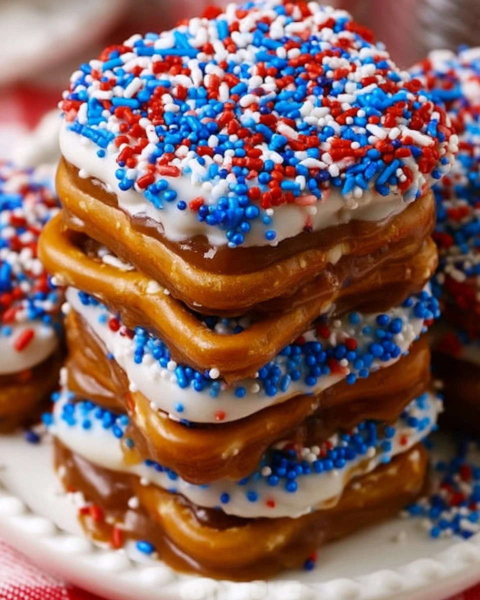 Delicious 4th of July caramel pretzel sandwiches for festive celebrations.