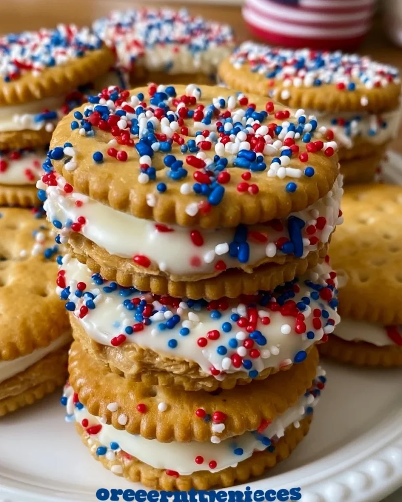 Ritz cracker peanut butter sandwiches for 4th of July celebration