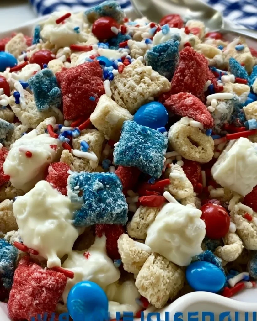Festive 4th of July snack mix featuring red, white, and blue ingredients