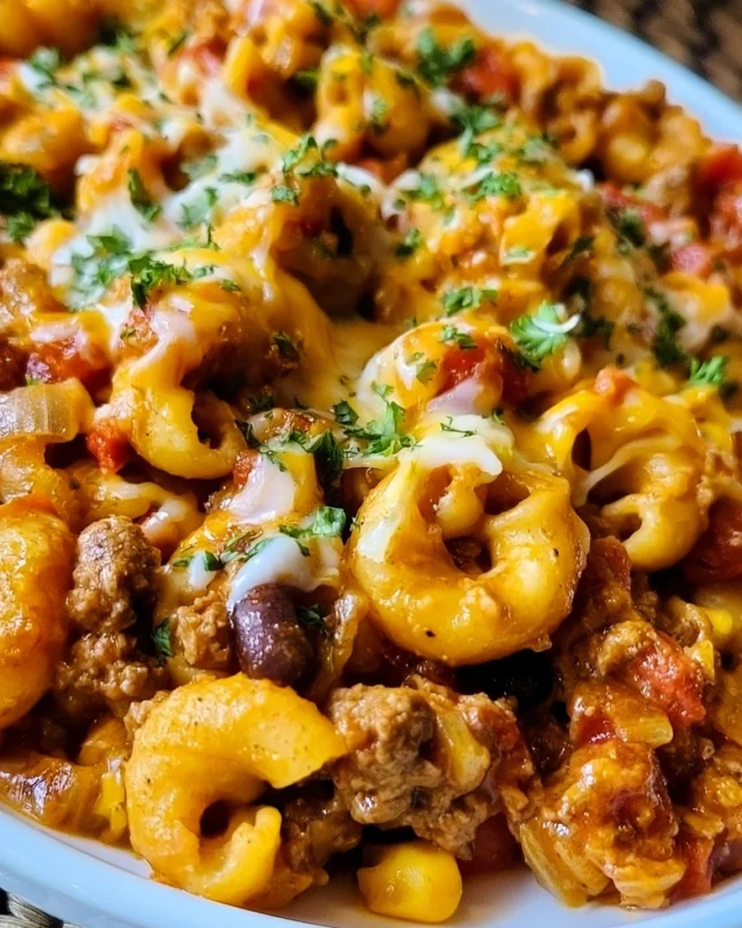 Delicious crockpot taco pasta in a serving bowl topped with cheese and herbs