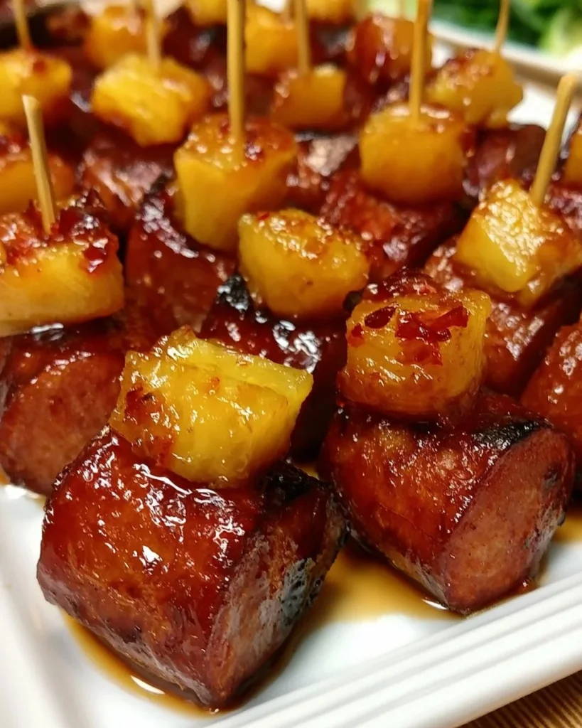 Glazed smoked sausage pineapple bites ready to serve on a platter.