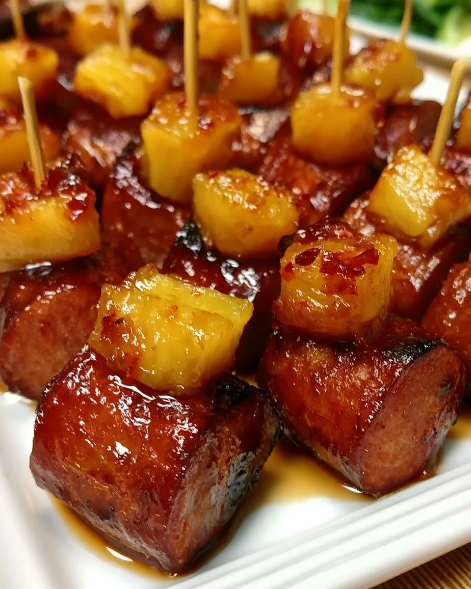 Glazed smoked sausage pineapple bites ready to serve on a platter.