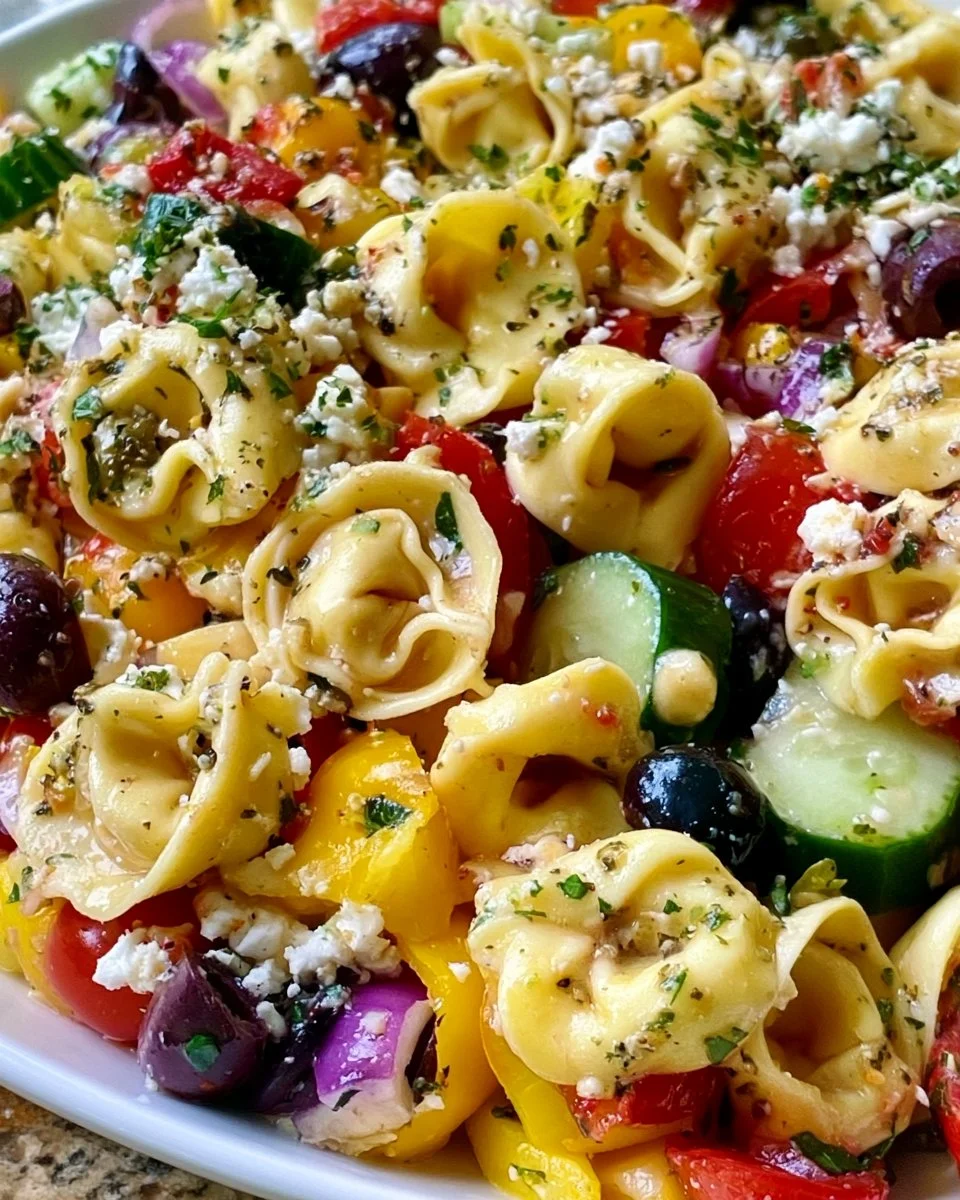 Greek Tortellini Pasta Salad with fresh vegetables and feta cheese