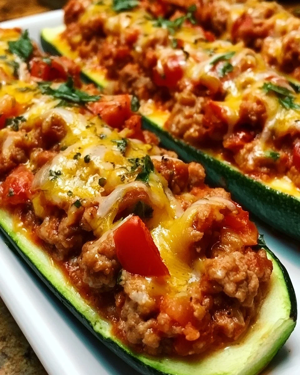 Healthy lean ground turkey stuffed zucchini boats topped with cheese.