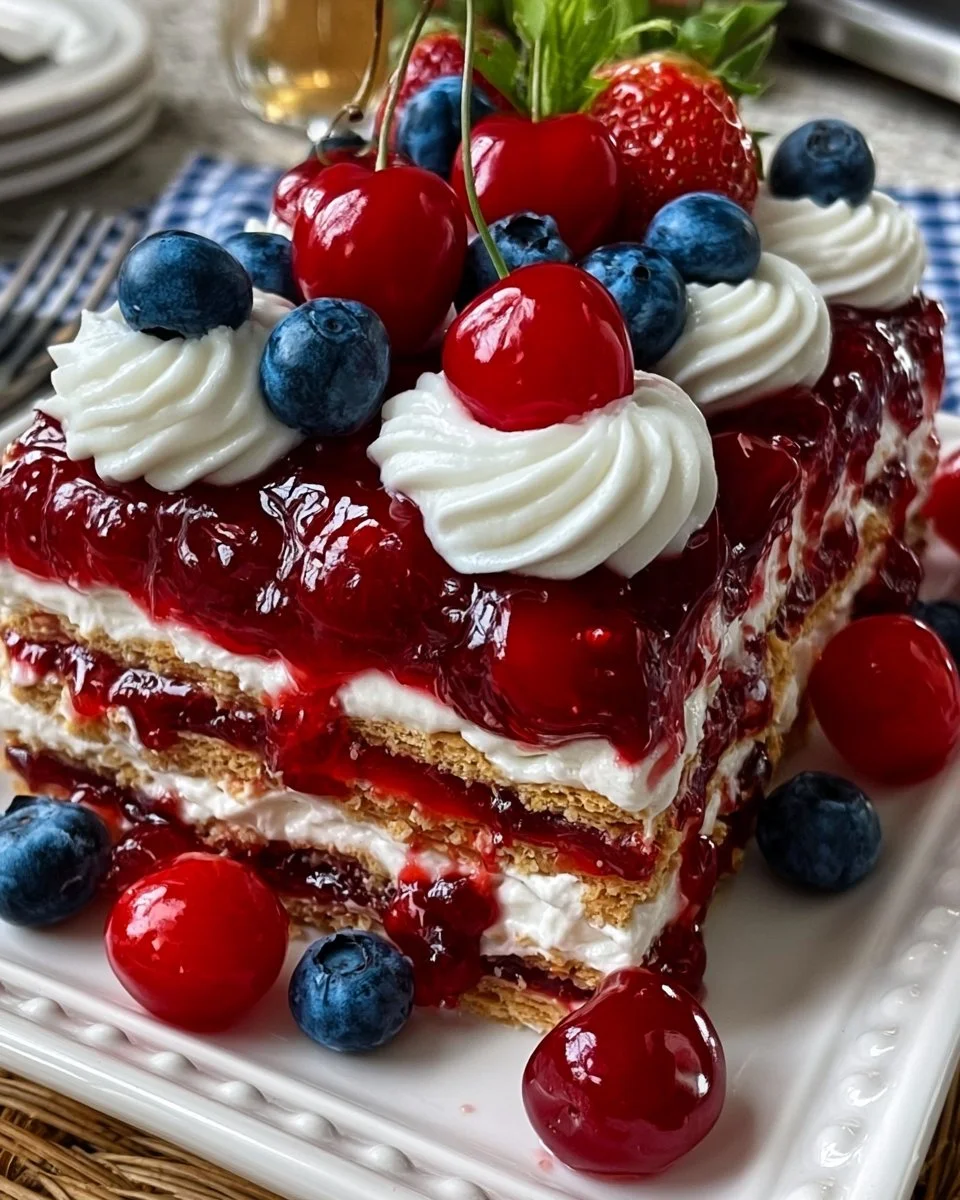 No-bake 4th of July Cherry Cheesecake Icebox Cake dessert served on a plate.