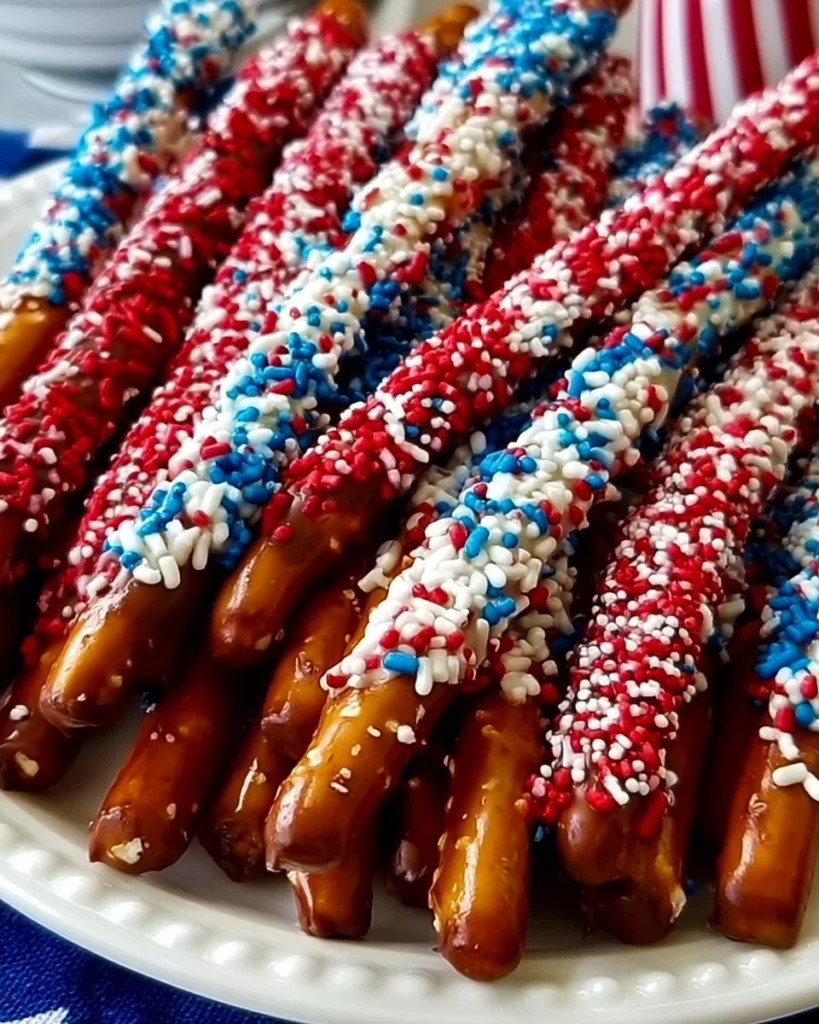 No-bake pretzel rods decorated for a 4th of July celebration