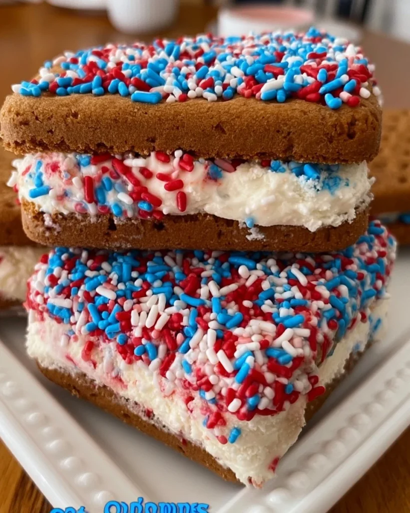 Patriotic red, white and blue ice cream sandwiches for summer celebrations